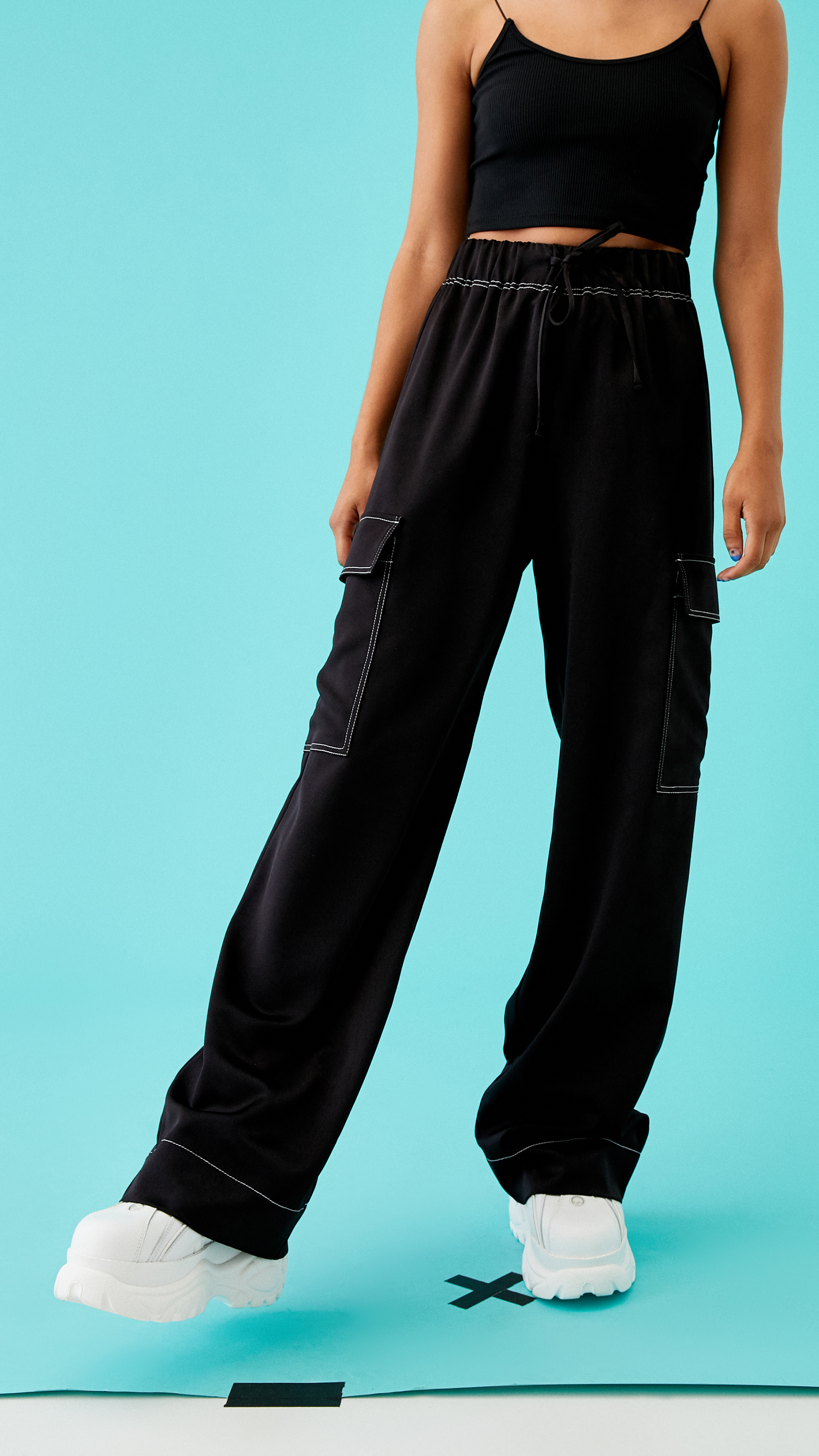 Black Satin Cargo Trousers | Justyouroutfit